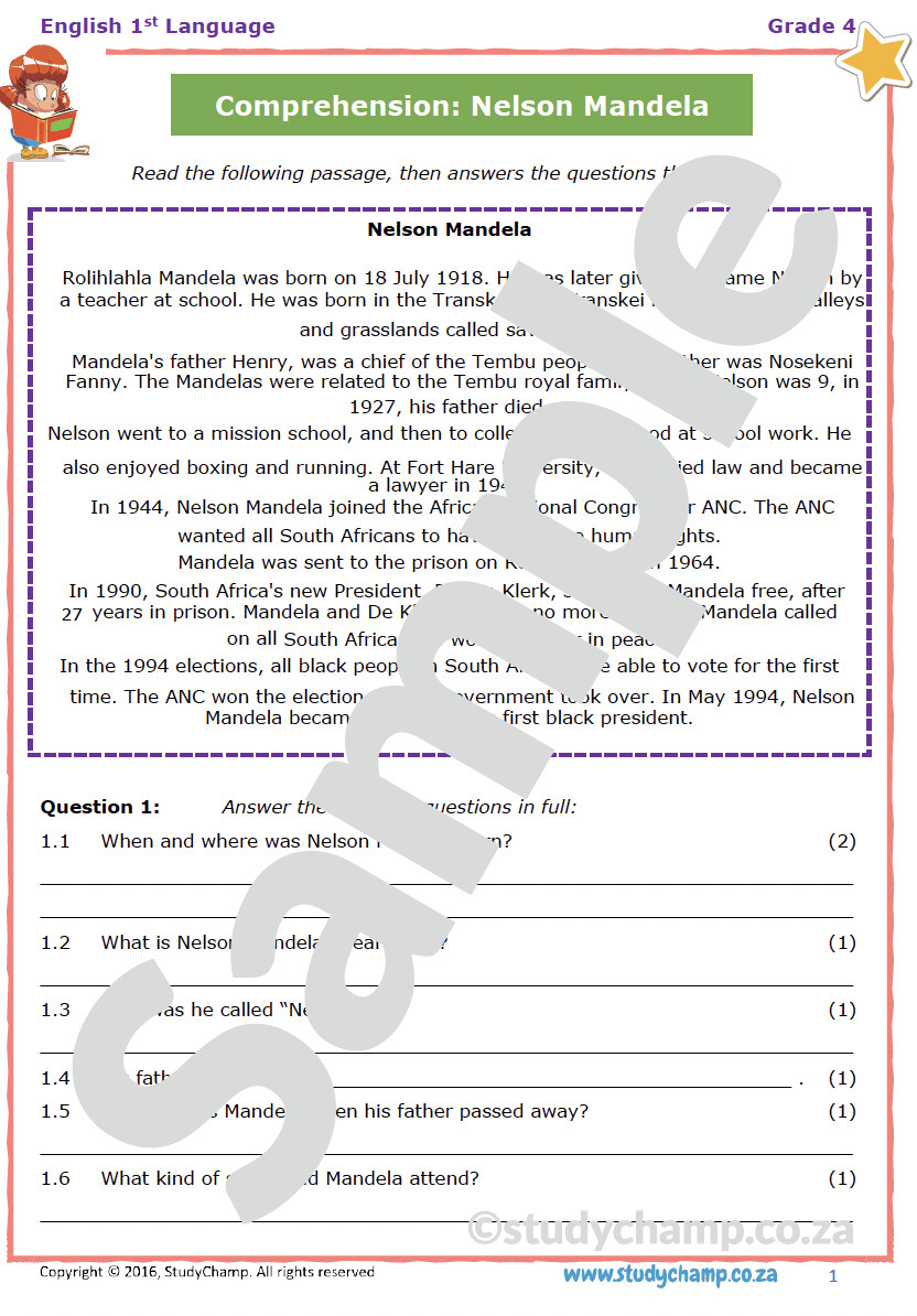 Grade 4 English Comprehension: Nelson Mandela