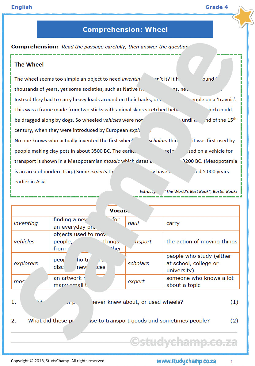 Grade 4 English Comprehension: The Wheel