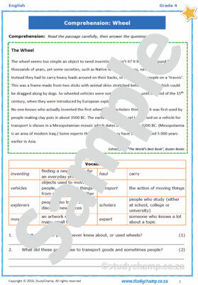 Grade 4 English Comprehension: The Wheel