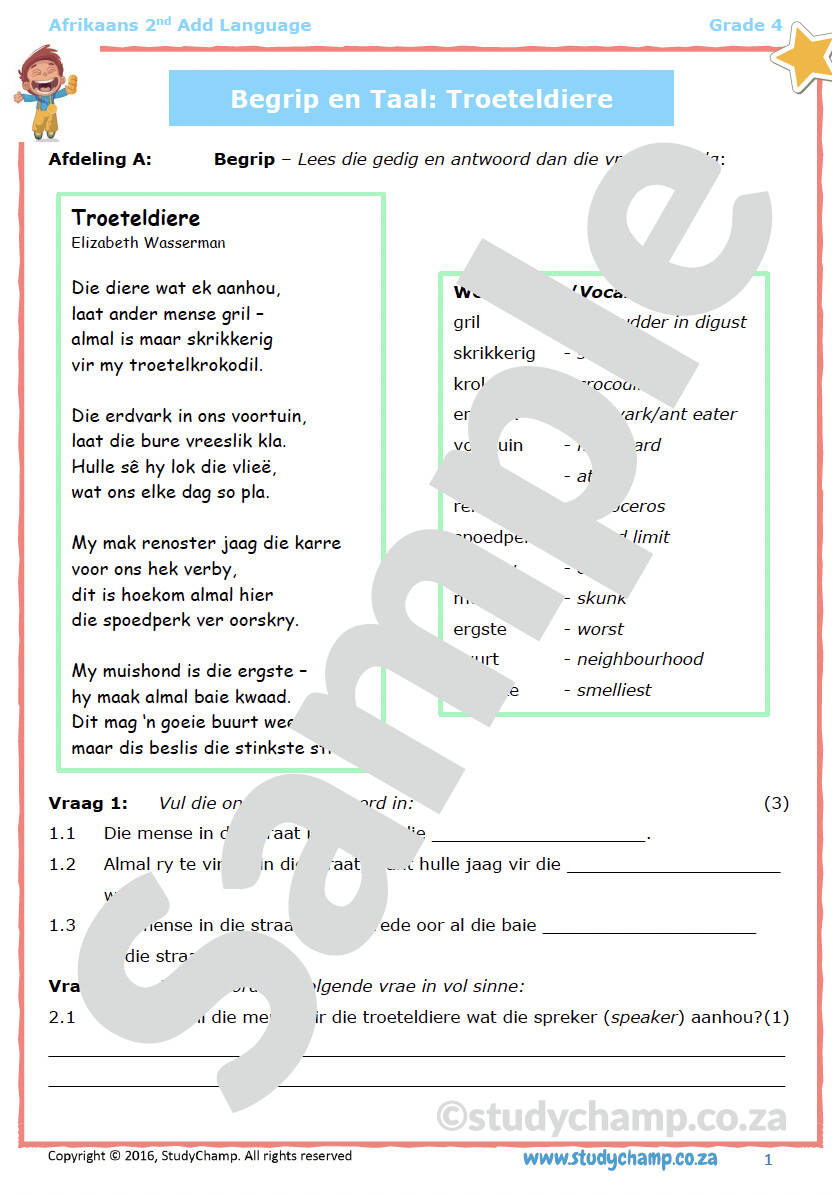 Grade 4 Afrikaans Begrip en Taalwerkboek: Troeteldiere