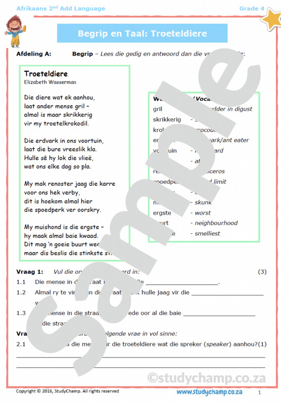 Grade 4 Afrikaans Begrip en Taalwerkboek: Troeteldiere