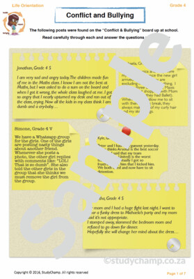 Grade 4 Life Orientation Worksheet: Conflict and Bullying