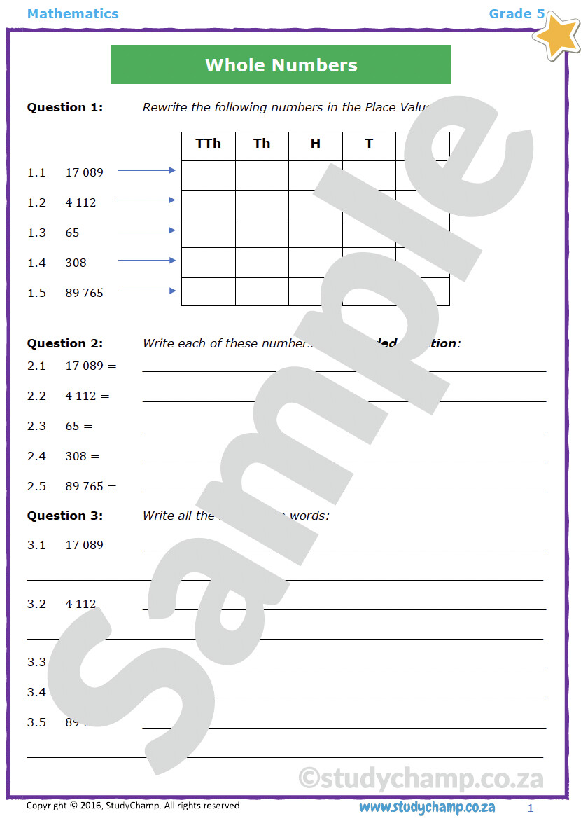 Grade 5 Mathematics Workbook: Whole Numbers