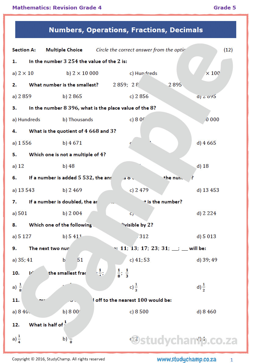 Grade 5 Mathematics Test: Revision Grade 4