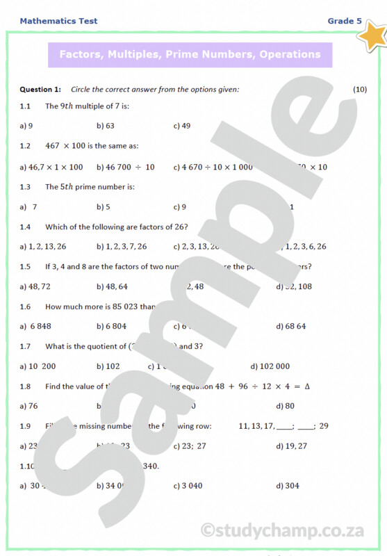 Grade 5 Mathematics Test: Factors, Multiples and Operations