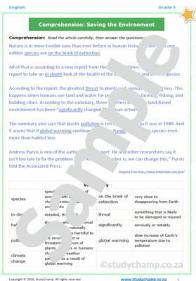 Grade 5 English Comprehension: The Environment