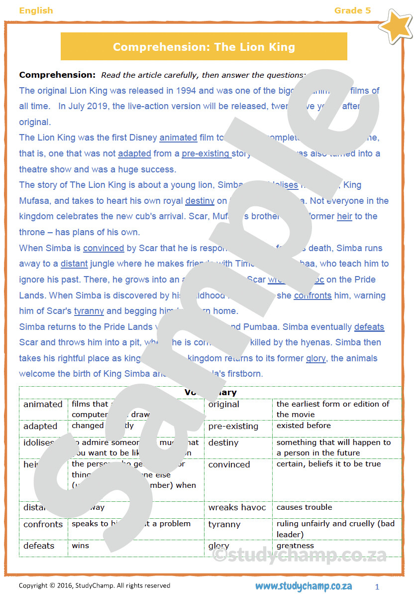 Grade 5 English Comprehension: The Lion King