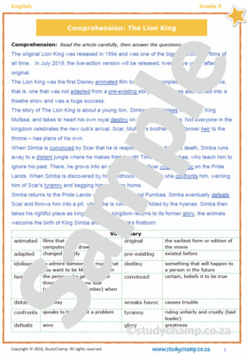 Grade 5 English Comprehension: The Lion King