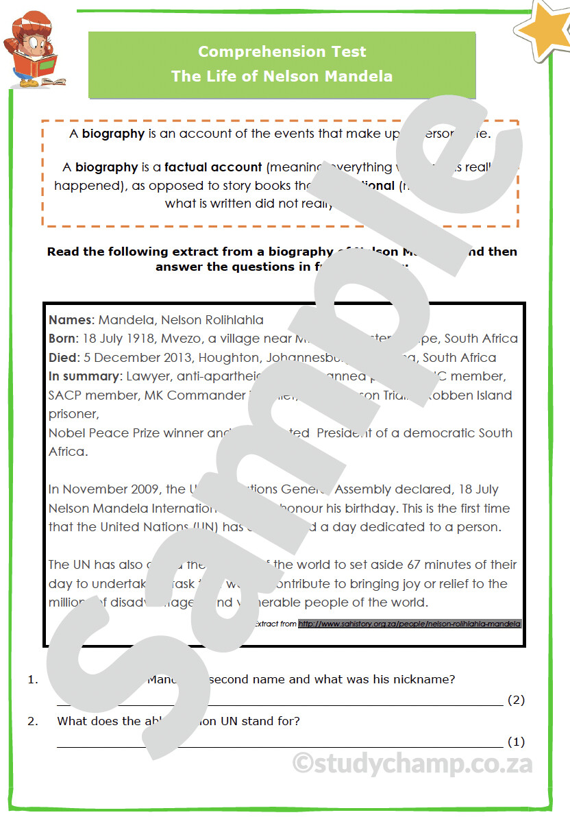 Grade 5 English Comprehension: Nelson Mandela