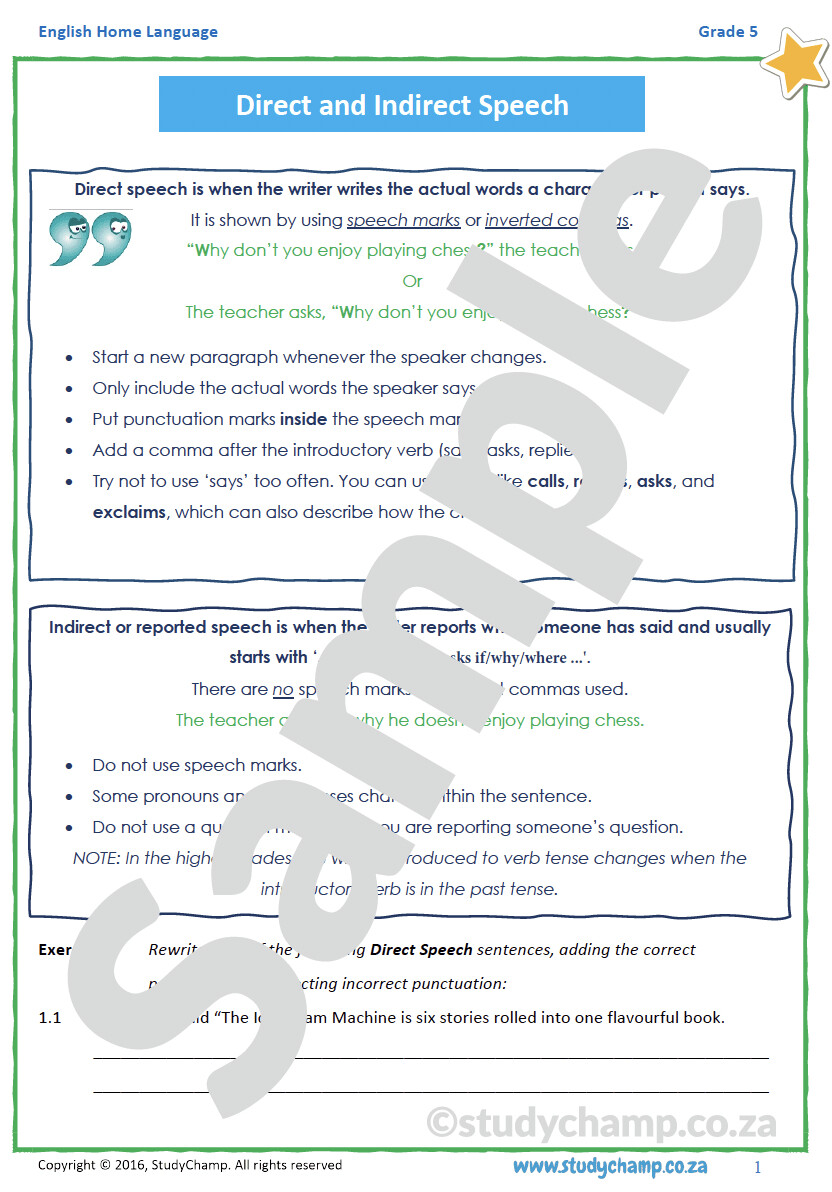 worksheet on direct and indirect speech grade 5