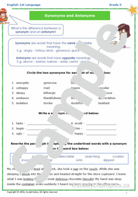 Grade 5 English Worksheet: Synonyms, Antonyms and soundalikes