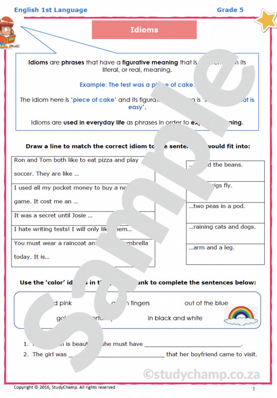 Grade 5 English Worksheet: Idioms