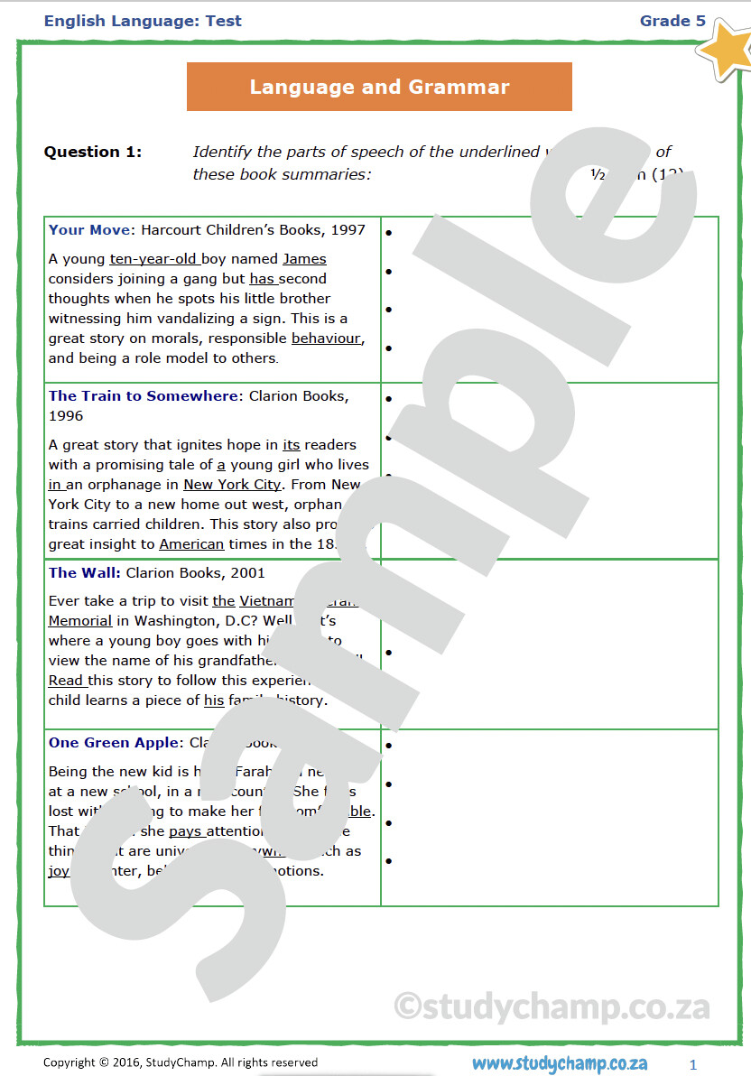 Grade 5 English Test: Language and Grammar