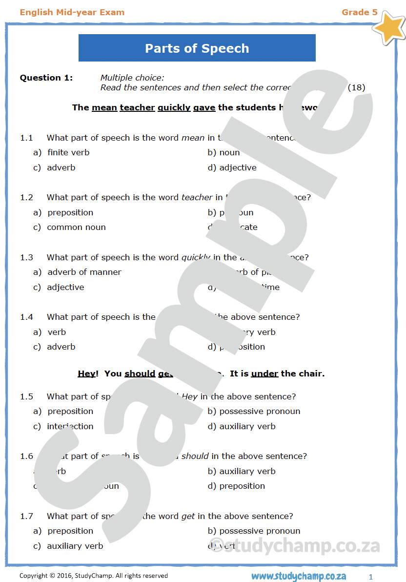 Grade 5 English Mid-year Exam workbook: Language and Grammar