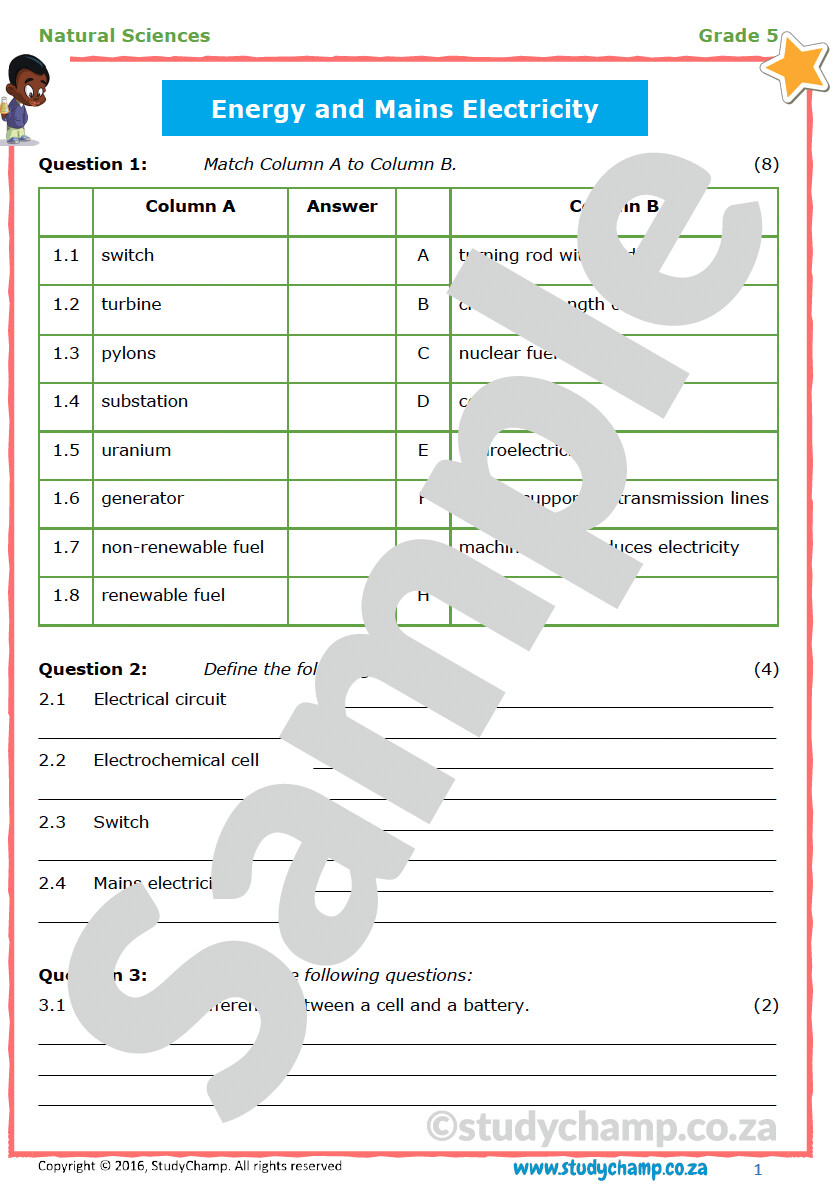 Grade 5 Natural Sciences Test Energy and Mains Electricity