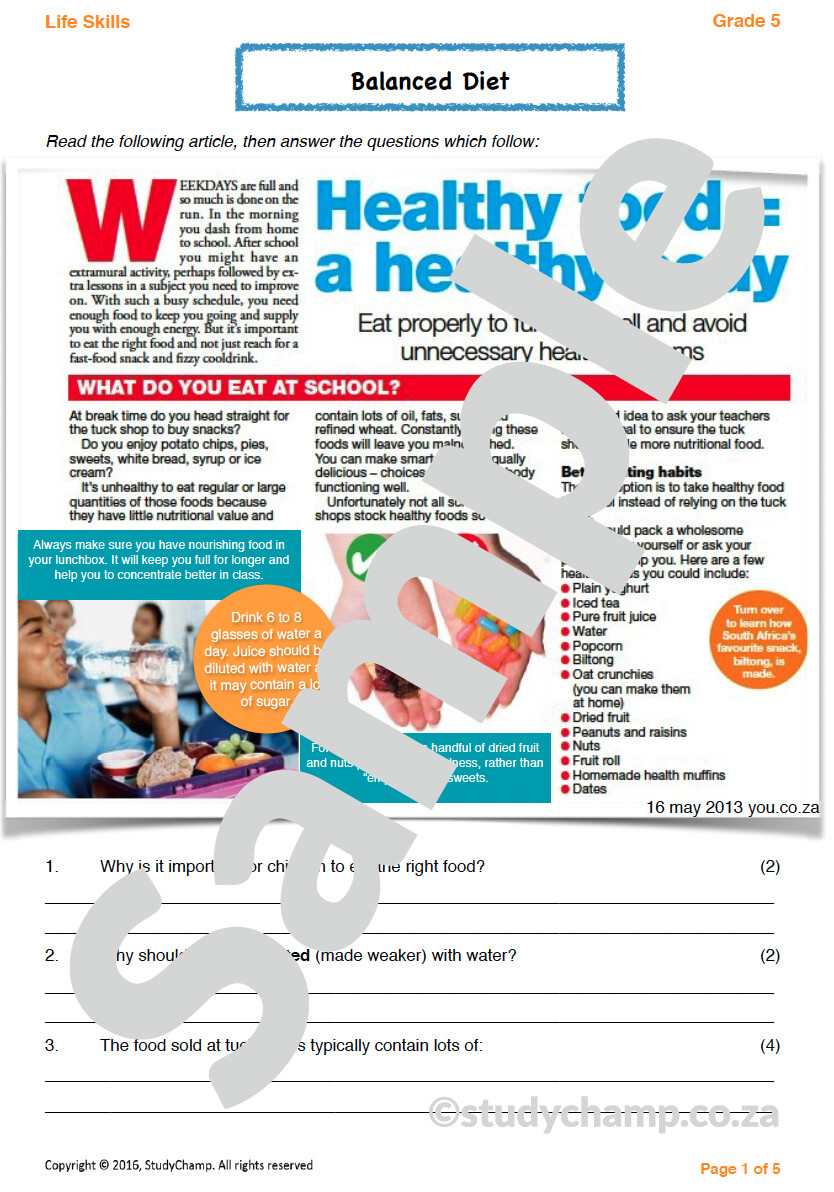 Grade 5 Life Orientation Test: Balanced Diet