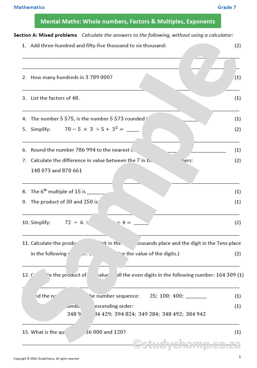 Grade 7 Mathematics Mid-year Exam Revision: Workbook 1