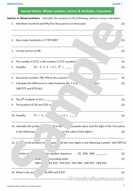 Grade 7 Mathematics Mid-year Exam Revision: Workbook 1