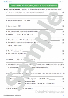 Grade 7 Mathematics Mid-year Exam Revision: Workbook 1