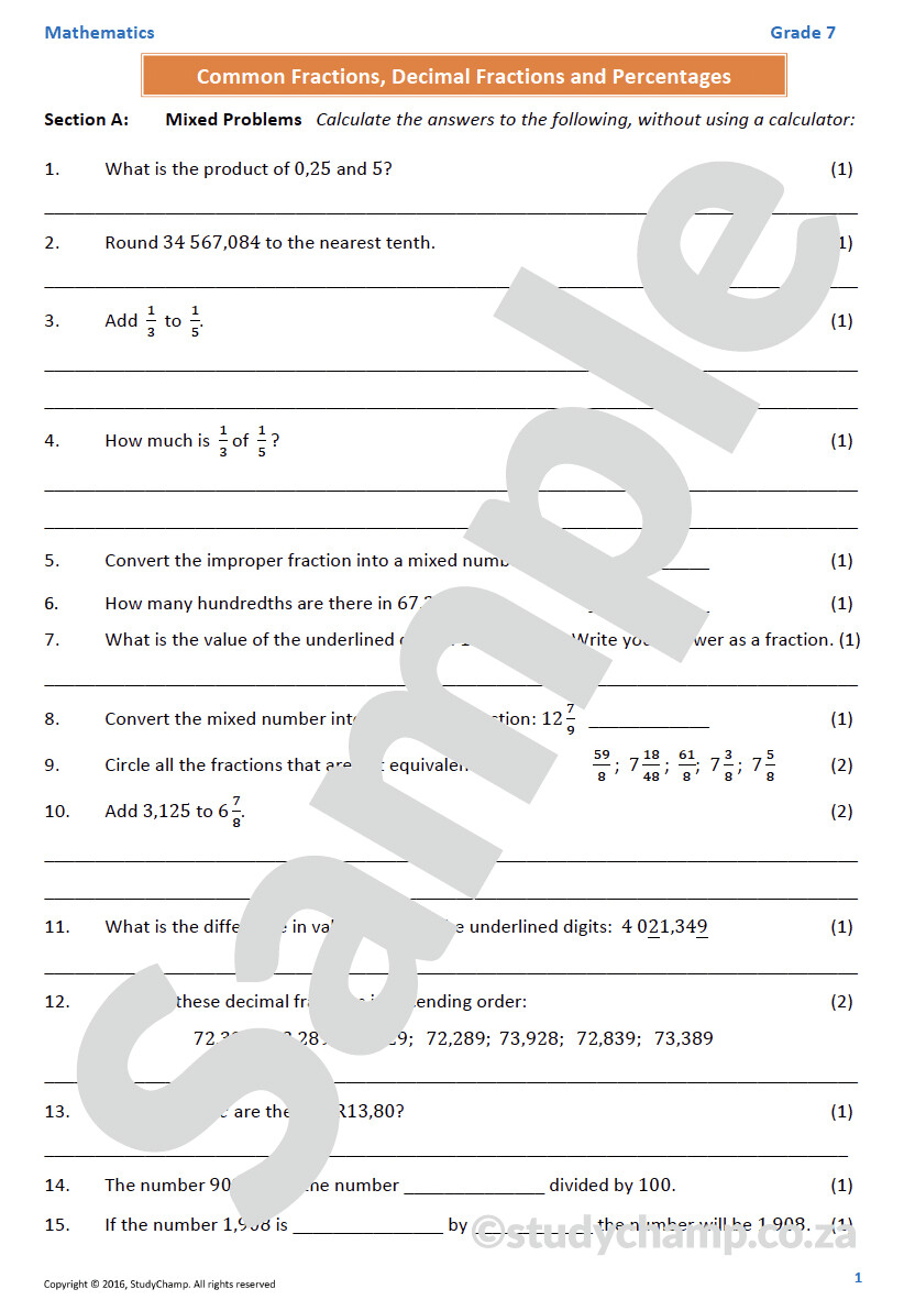 Grade 7 Mathematics Mid-year Exam Revision: Workbook 2