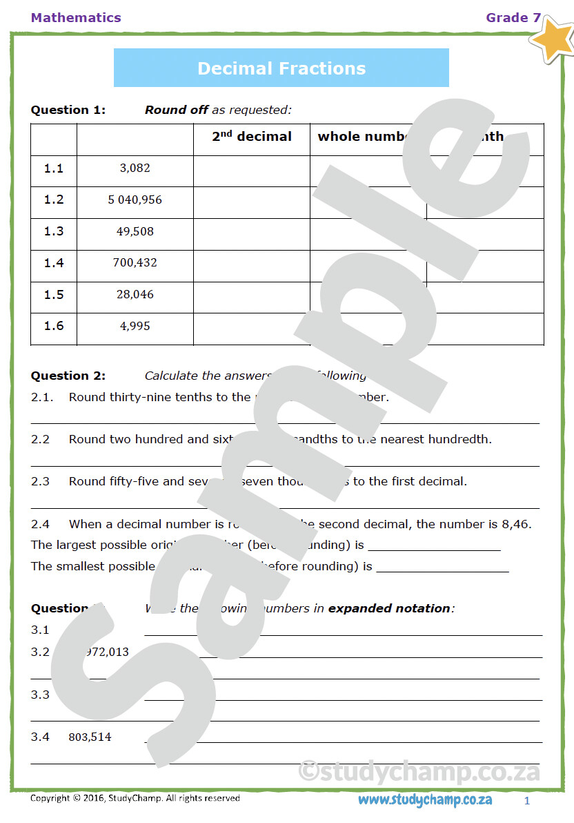 Grade 7 Mathematics Workbook: Decimal Fractions