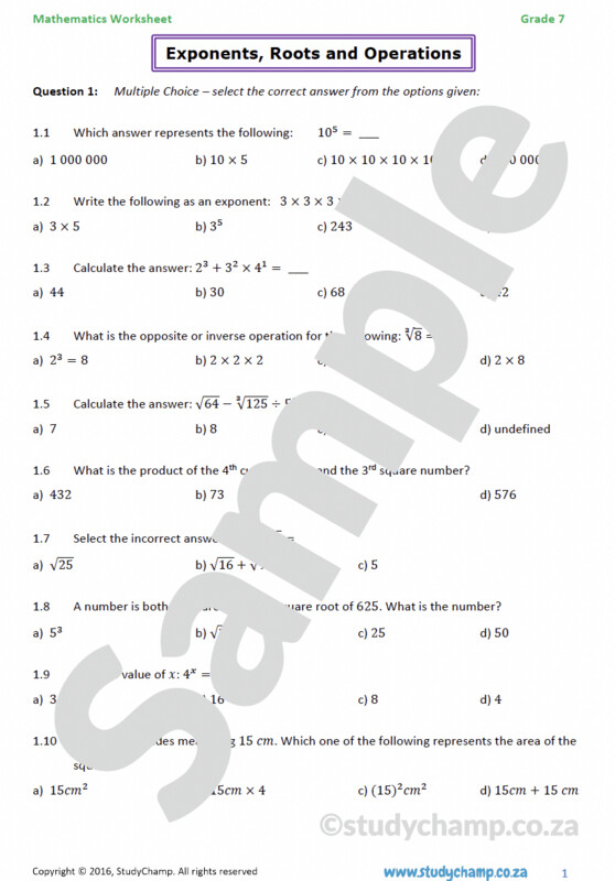 Grade 7 Mathematics Worksheet: Exponents, Roots and Operations