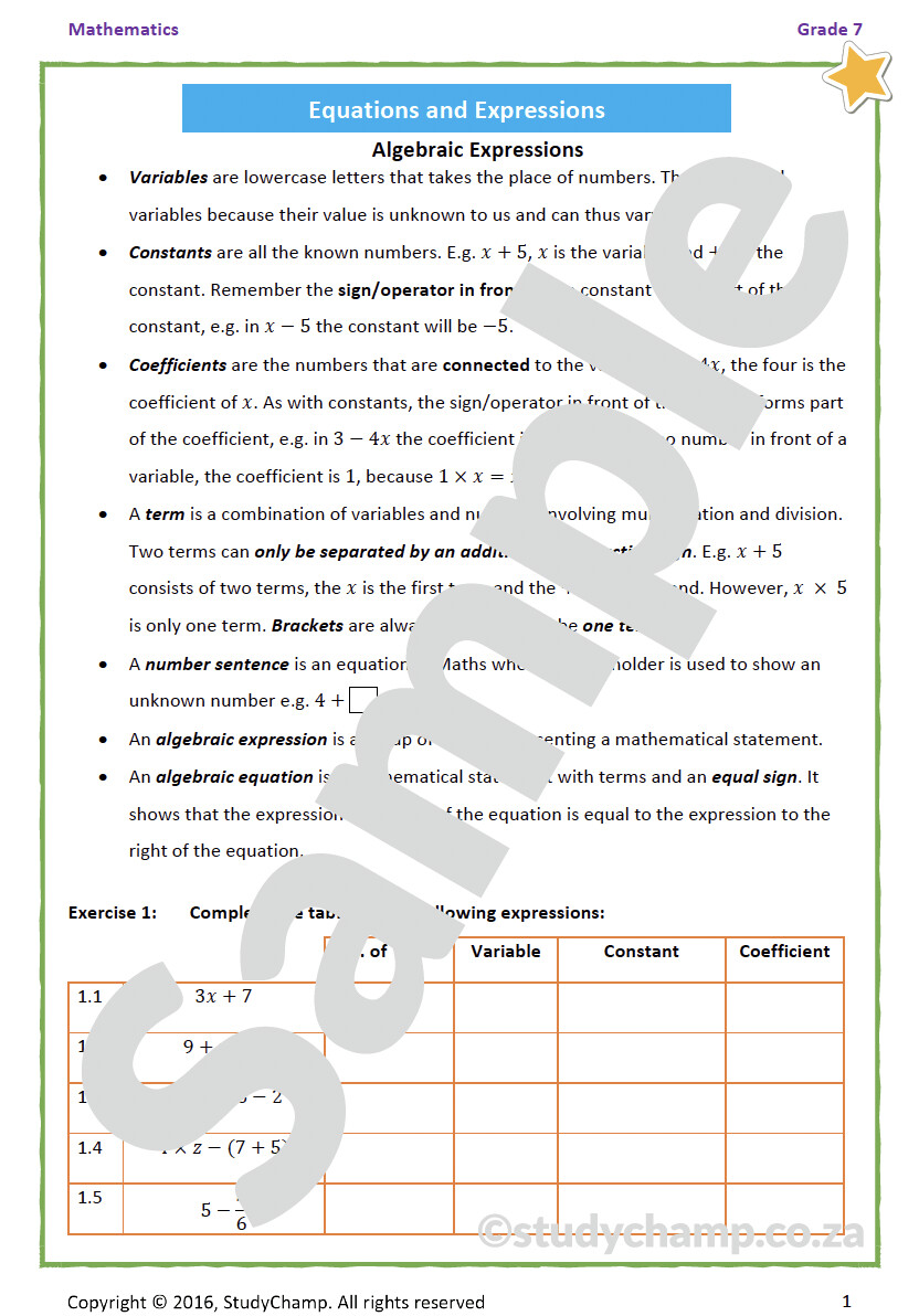 Grade 7 Mathematics Workbook: Introduction to Algebra