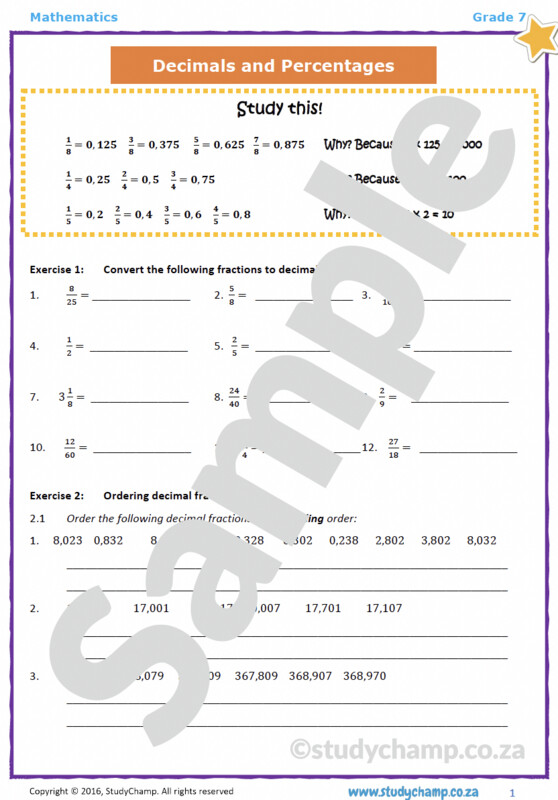 Grade 7 Mathematics Workbook: Decimal and Percentages