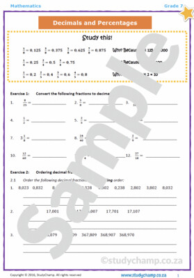 Grade 7 Mathematics Workbook: Decimal and Percentages