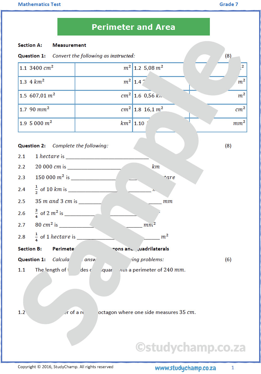 Grade 7 Mathematics Test: Measurement, Perimeter and Area