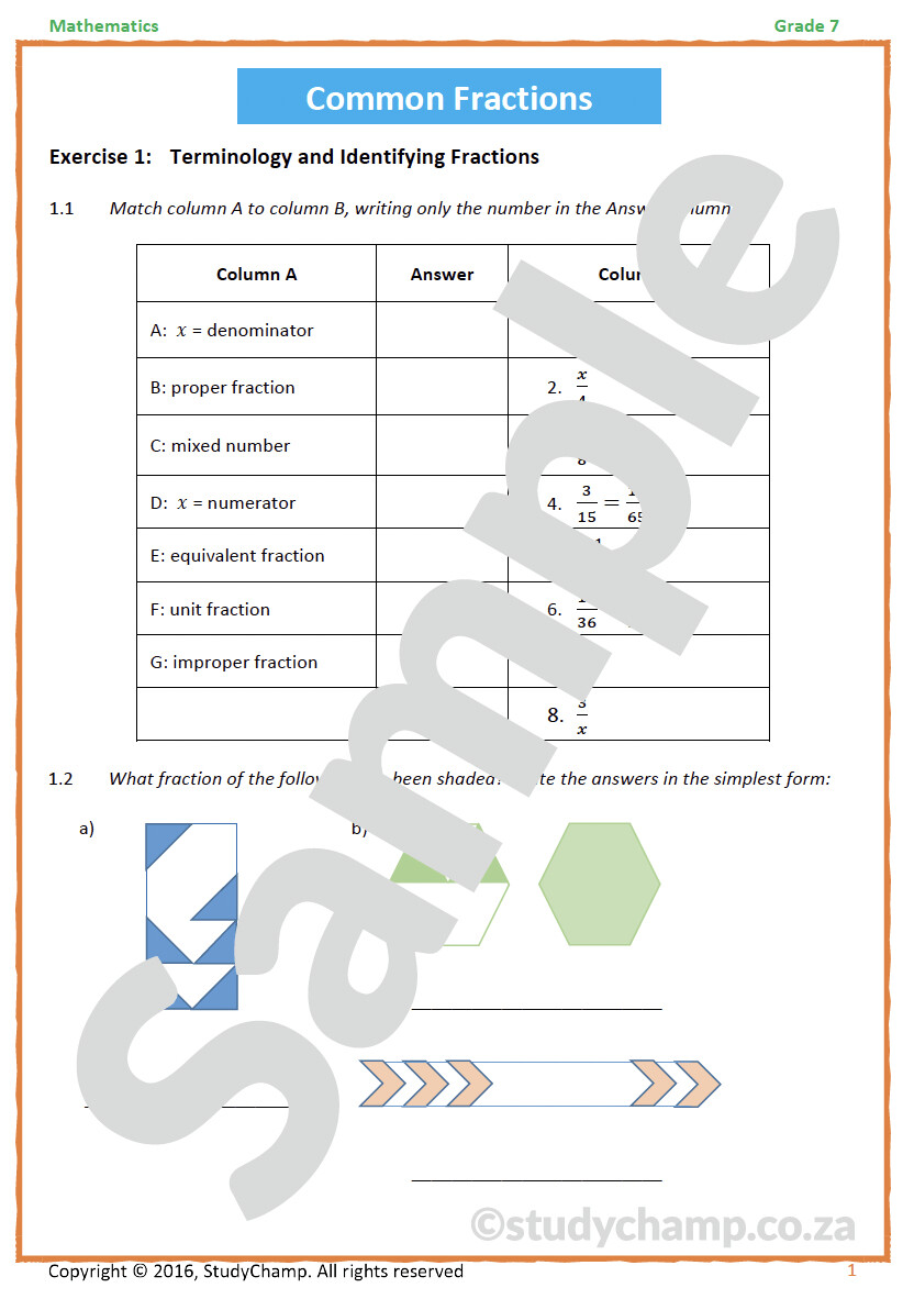 Grade 7 Mathematics Workbook: Common Fractions
