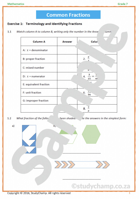 Grade 7 Mathematics Workbook: Common Fractions