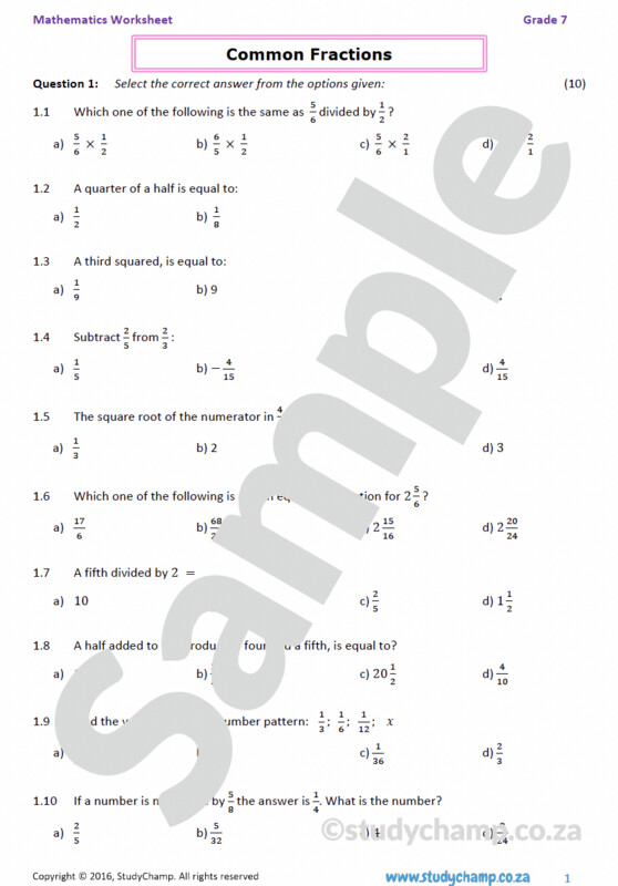 Grade 7 Mathematics Worksheet: Common Fractions