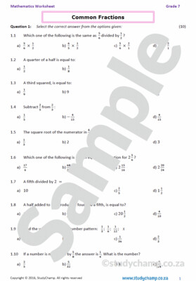 Grade 7 Mathematics Worksheet: Common Fractions