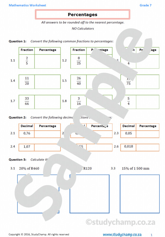 Grade 7 Mathematics Worksheet: Percentages