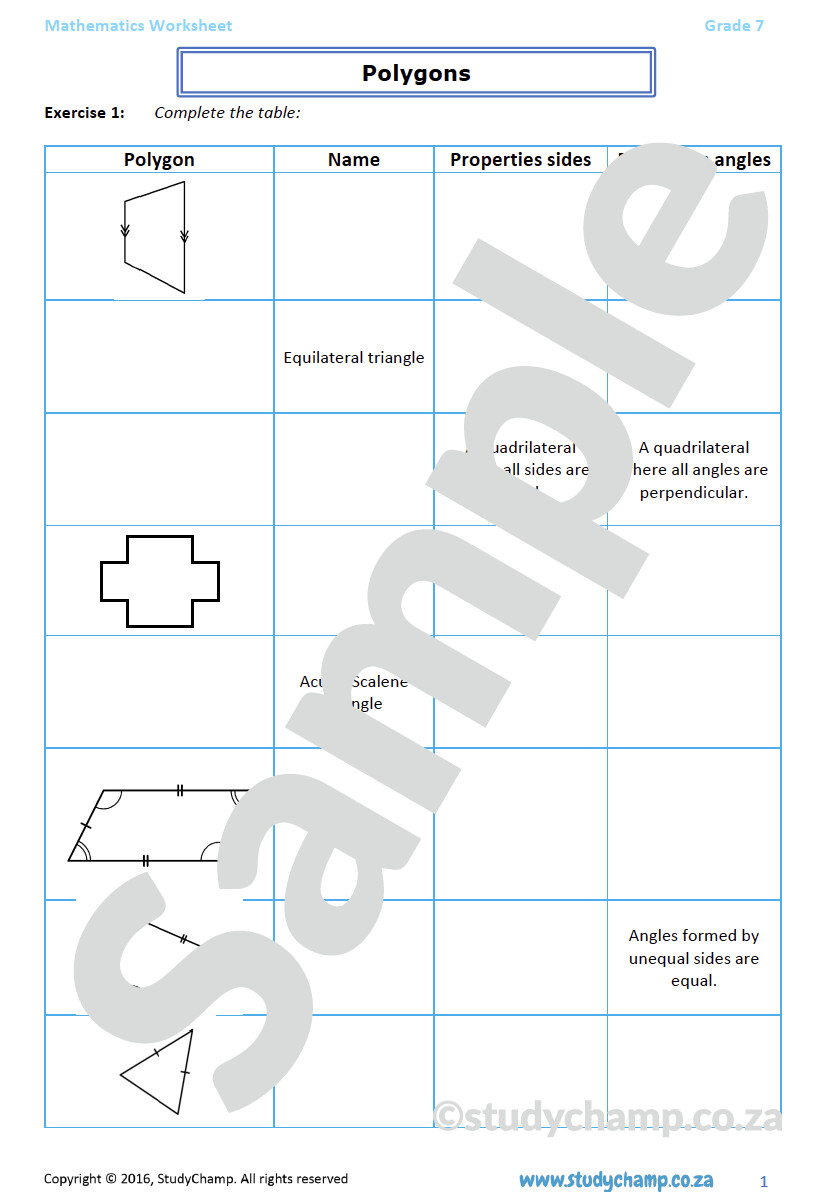 Grade 7 Mathematics Worksheet: Geometry - Polygons and Triangles