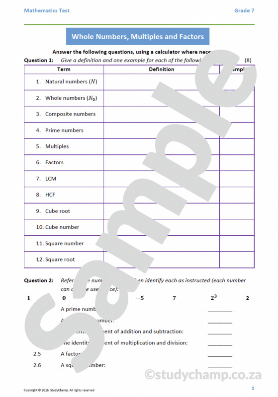 Grade 7 Mathematics Test: Numbers, Multiples and Factors