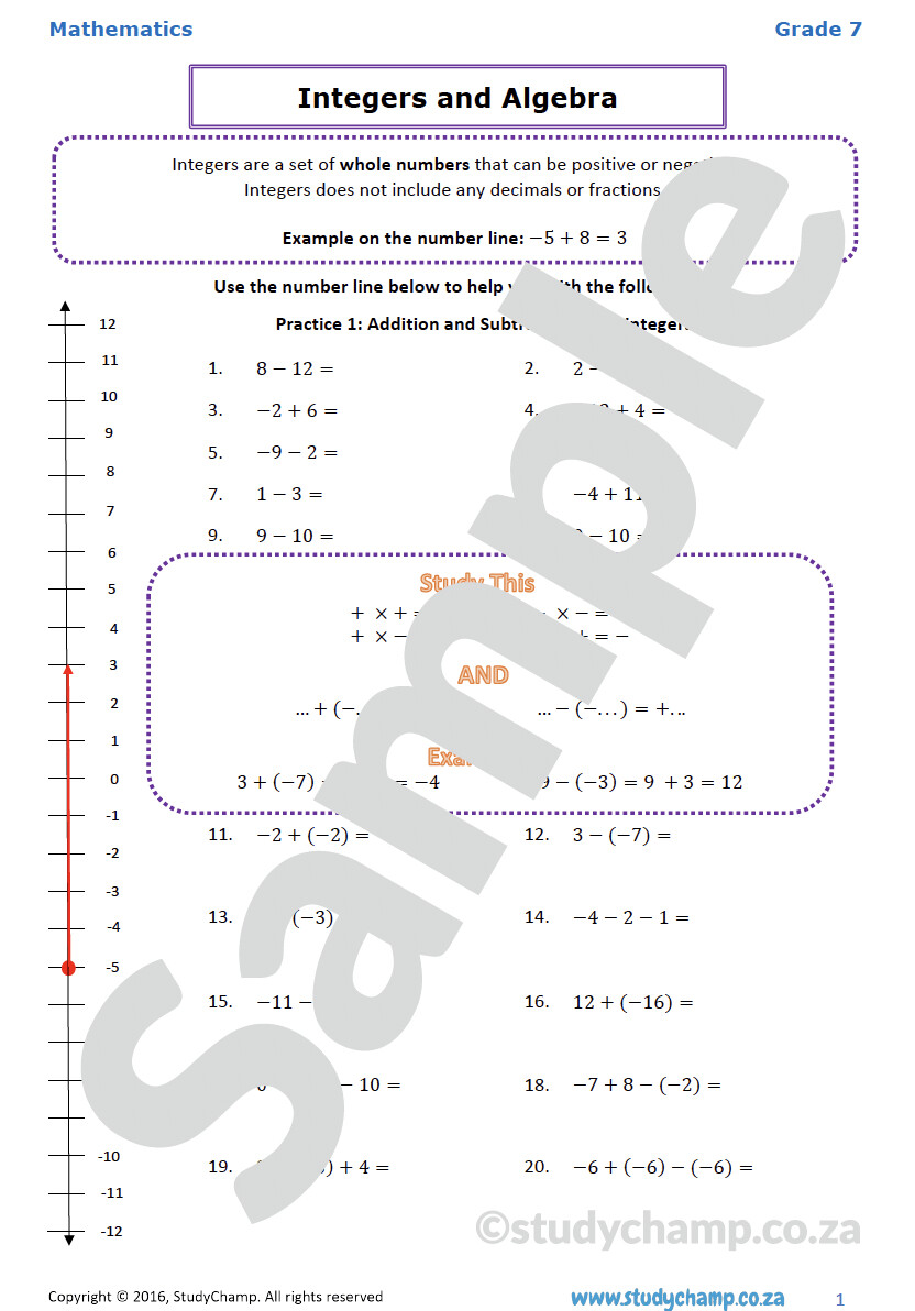 Grade 7 Mathematics Worksheet: Integers and Algebra