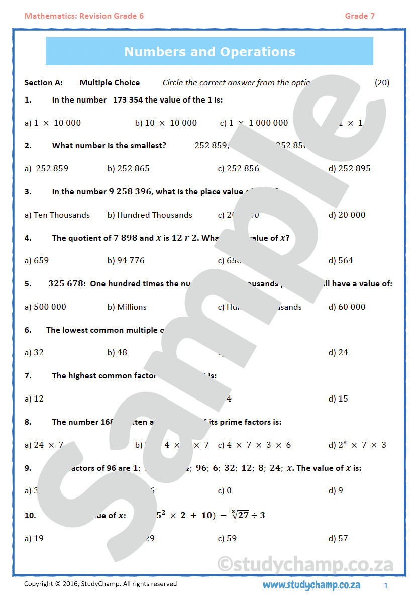Grade 7 Mathematics Test: Revision Grade 6