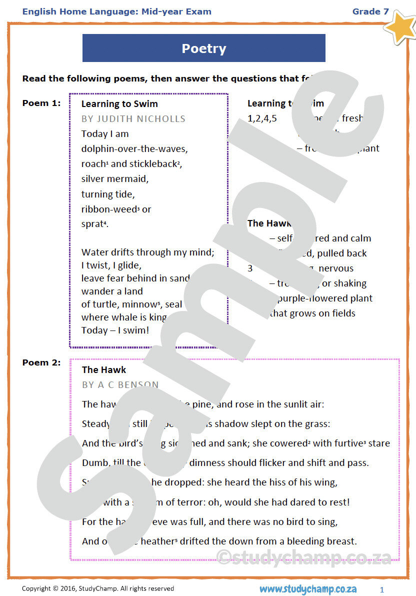 Grade 7 English Mid-year Exam Revision: Poetry