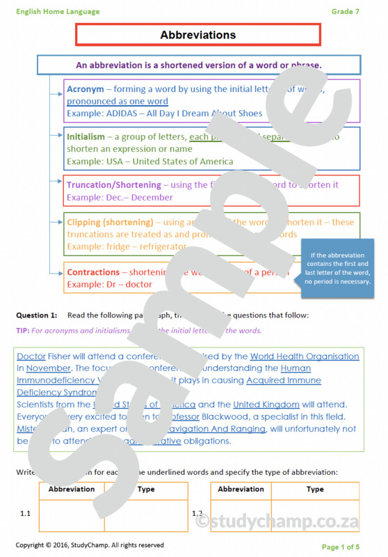 Grade 7 English Worksheet: Abbreviations