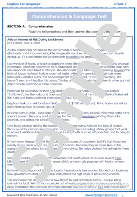 Grade 7 English Test: Animals and COVID-19