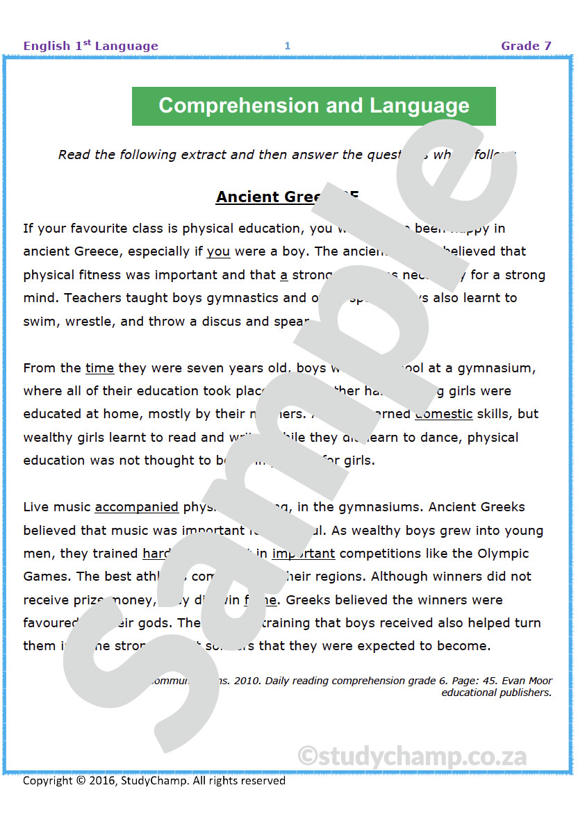 Grade 7 English Test: Ancient Greek PE