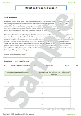 Grade 7 English Worksheet: Direct and Indirect Speech