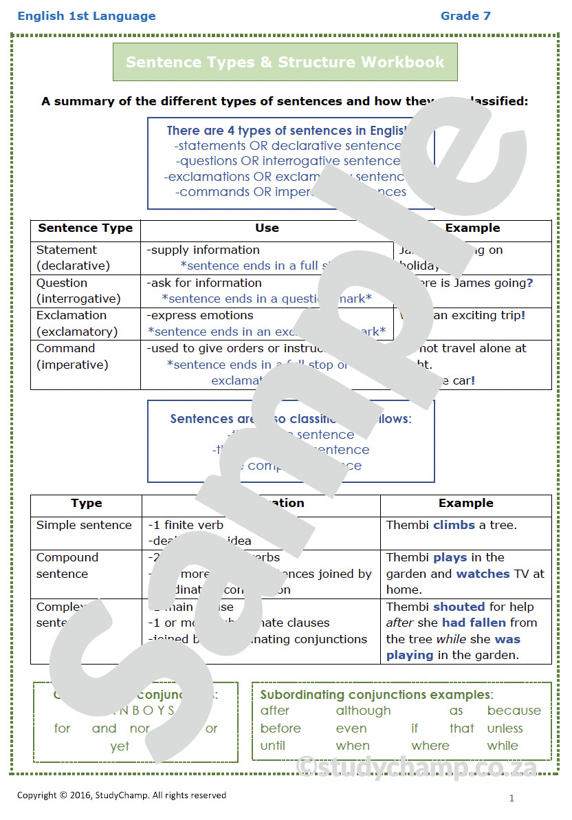 Grade 7 English Worksheet: Sentence Types and Structure