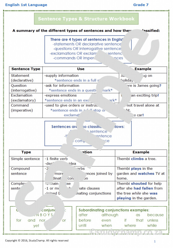 Grade 7 English Worksheet: Sentence Types and Structure