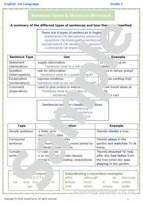 Grade 7 English Worksheet: Sentence Types and Structure
