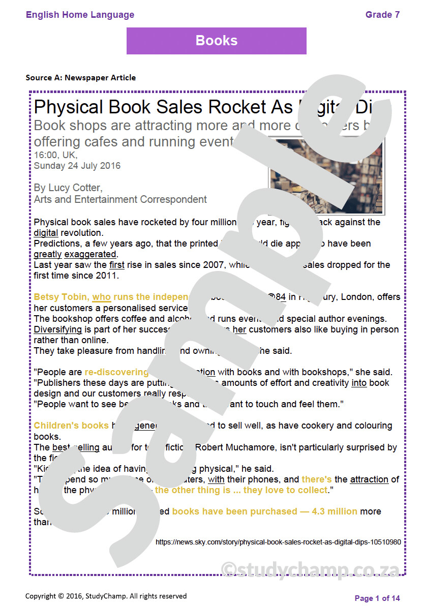 Grade 7 English Test: Books