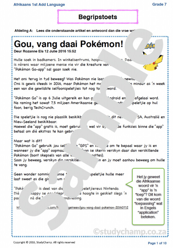Grade 7 Afrikaans Begrip en Taal: Pokemon