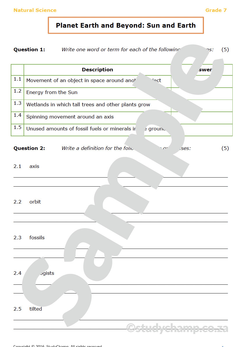 Grade 7 Natural Sciences Test: Earth and the Sun